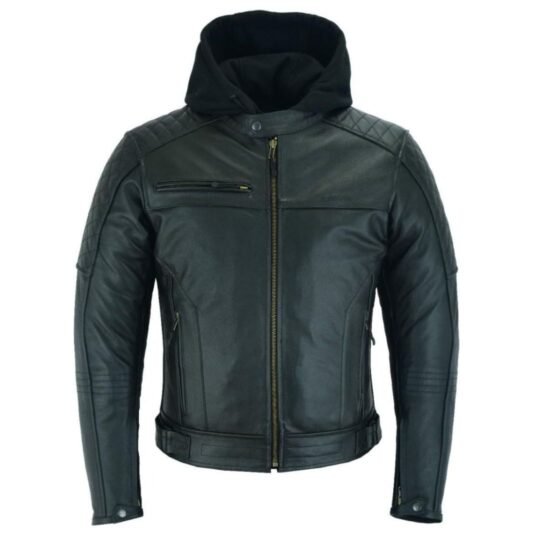 Raxus Leather Motorcycle Jacket with Removable Hood for Men