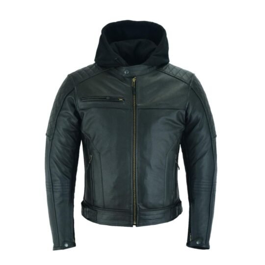 Raxus Leather Motorcycle Jacket with Removable Hood for Men